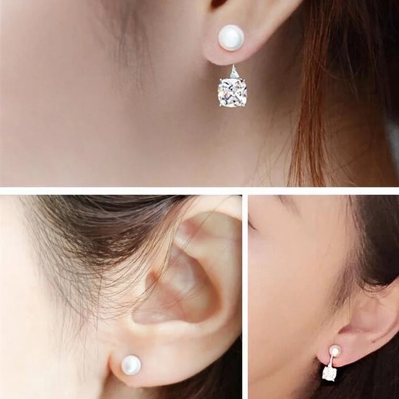 Sterling Silver Diamond Pearl Stud Earrings - Picture 3 of 4